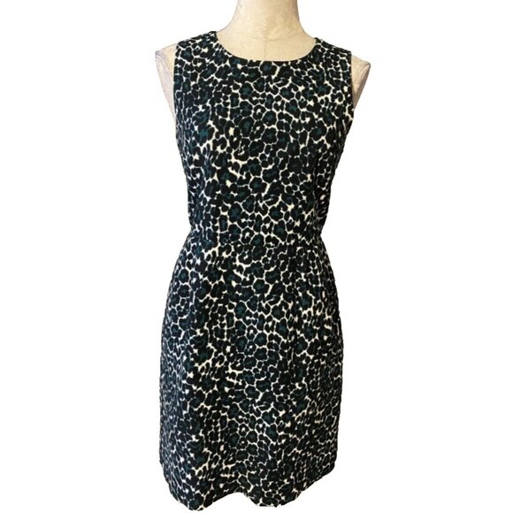 J Crew Sheath Dress 8 Emerald Green Black White Cotton Sleeveless Pockets - Picture 1 of 4